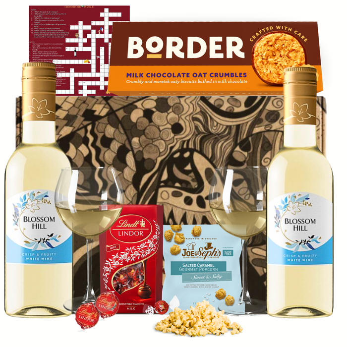 The White Wine Gift Set Hamper with Chocolate and Biscuits