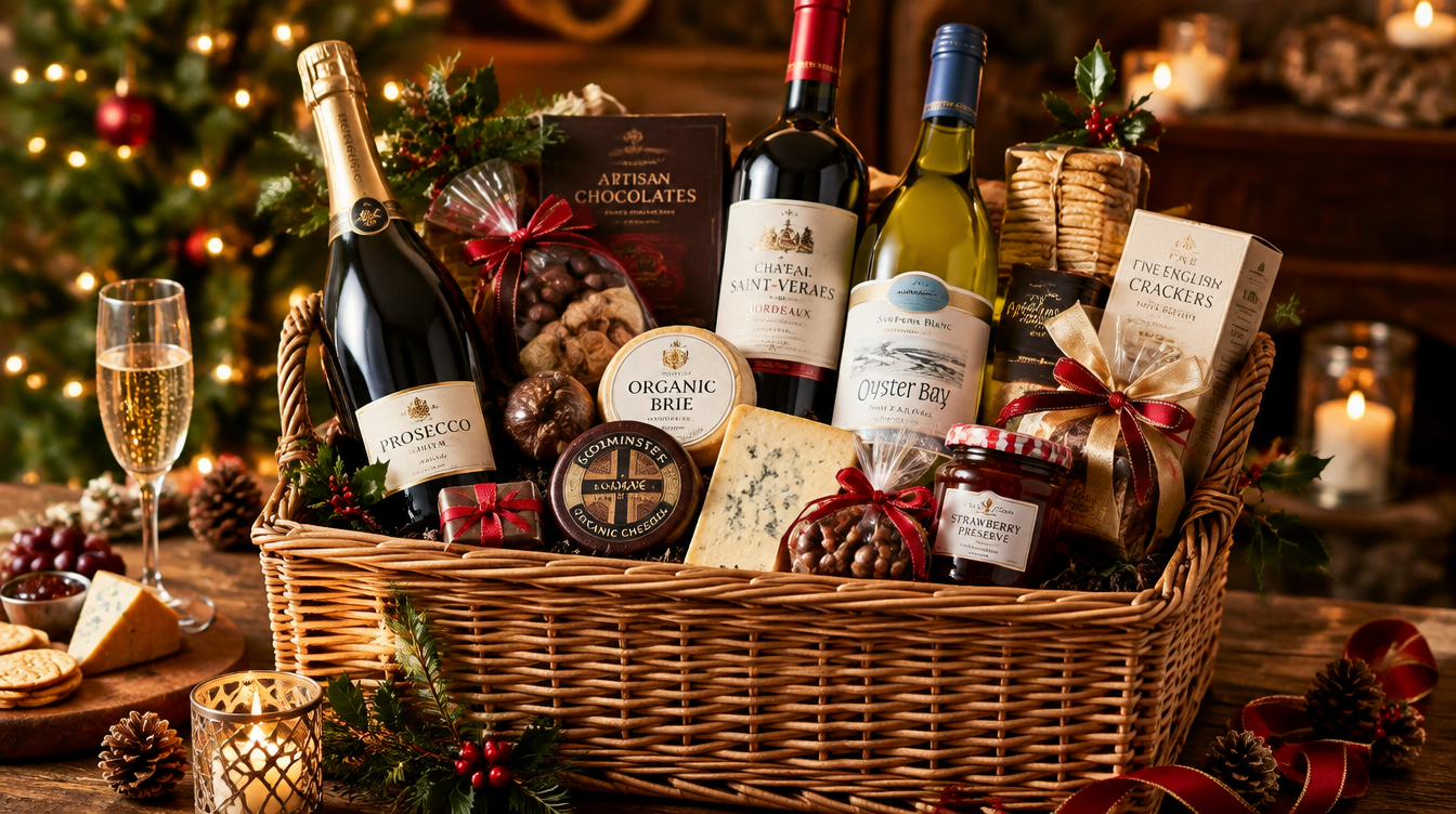 Luxury Christmas gift hamper with prosecco, wine, chocolates and gourmet treats