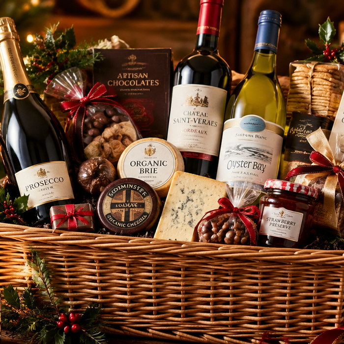 Luxury Christmas gift hamper with prosecco, wine, chocolates and gourmet treats