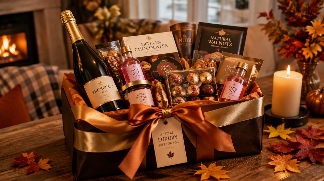 Luxury Diwali gift hamper overflowing with prosecco, chocolates and gourmet treats, wrapped in gold ribbon with autumn leaves and warm candlelight