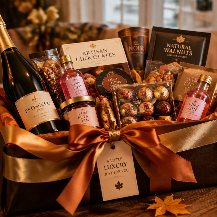Luxury Diwali gift hamper overflowing with prosecco, chocolates and gourmet treats, wrapped in gold ribbon with autumn leaves and warm candlelight