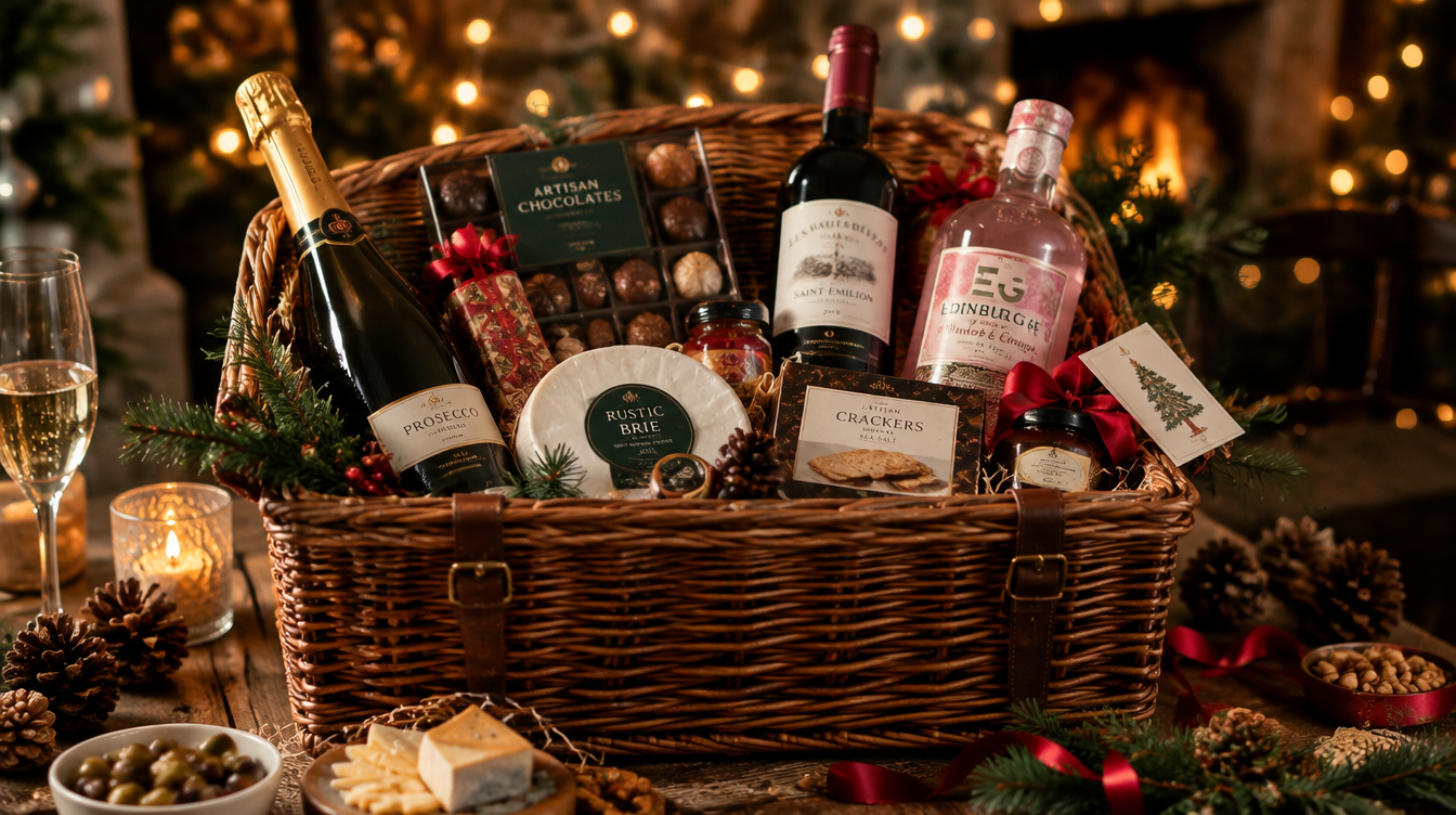 A luxury Christmas gift hamper overflowing with prosecco, wine, chocolates and festive treats, styled with warm golden fairy lights and pine cones on a rustic wooden table