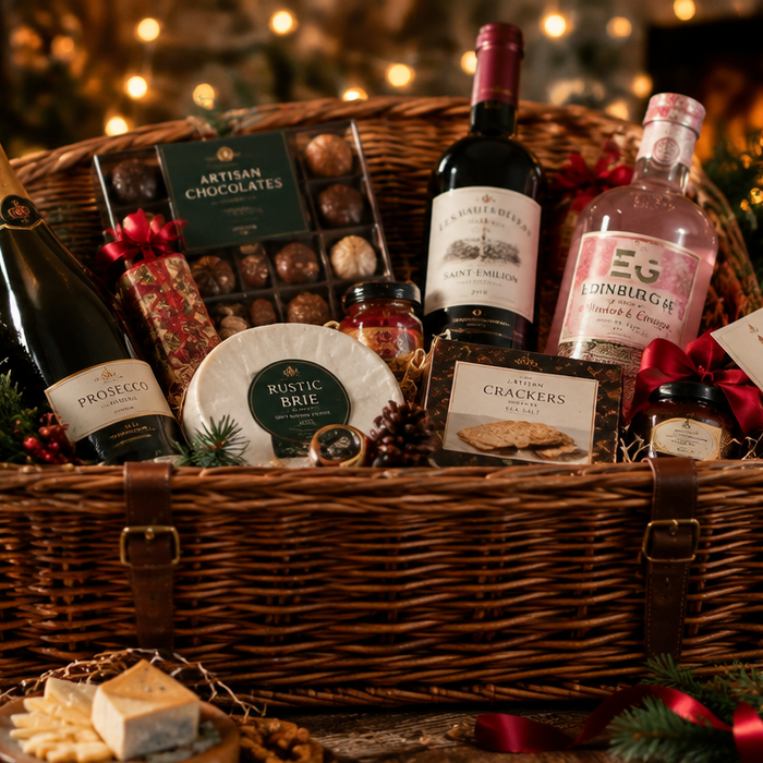 A luxury Christmas gift hamper overflowing with prosecco, wine, chocolates and festive treats, styled with warm golden fairy lights and pine cones on a rustic wooden table