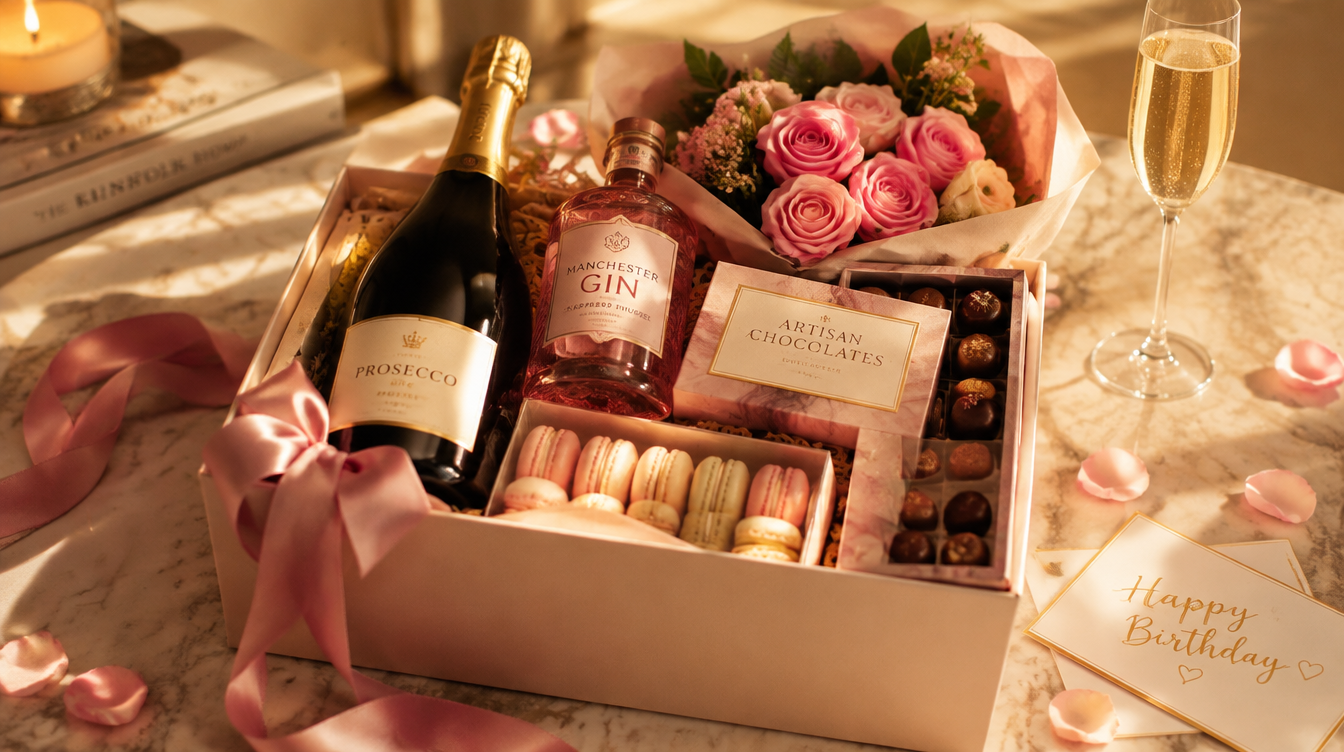 Luxury birthday gift hamper for women with Prosecco, pink gin, chocolates and roses on a marble surface
