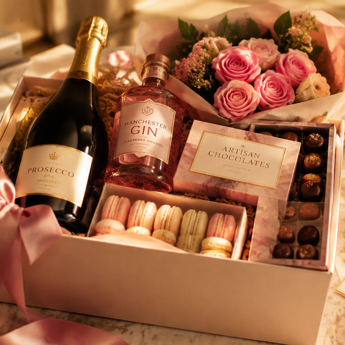 Luxury birthday gift hamper for women with Prosecco, pink gin, chocolates and roses on a marble surface