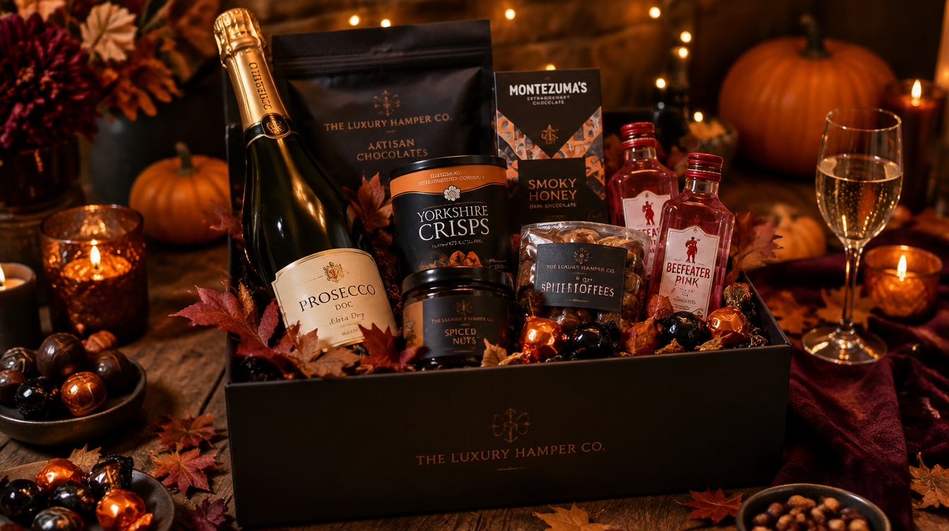 Luxury Halloween gift hamper with prosecco, chocolates and pink gin on a rustic table with pumpkins and autumn leaves