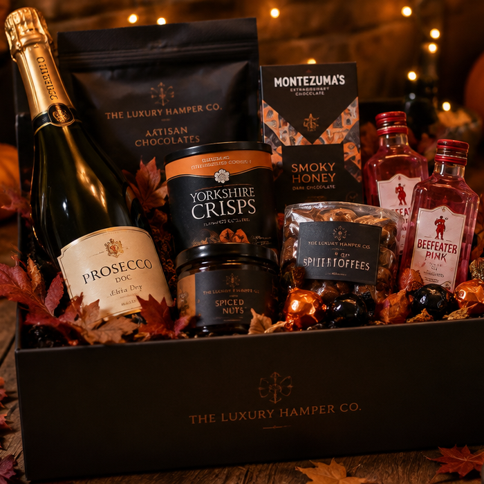 Luxury Halloween gift hamper with prosecco, chocolates and pink gin on a rustic table with pumpkins and autumn leaves