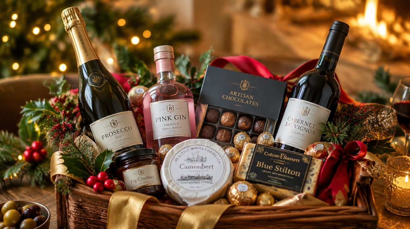 Luxury Christmas gift hamper with prosecco, pink gin, artisan chocolates, wine and cheese on a festive wooden table with fairy lights