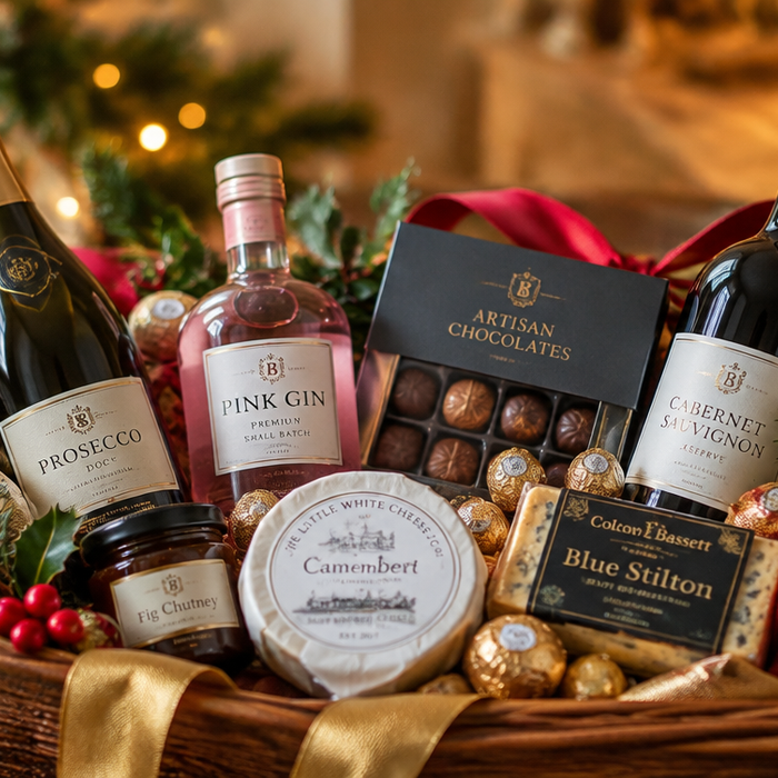 Luxury Christmas gift hamper with prosecco, pink gin, artisan chocolates, wine and cheese on a festive wooden table with fairy lights