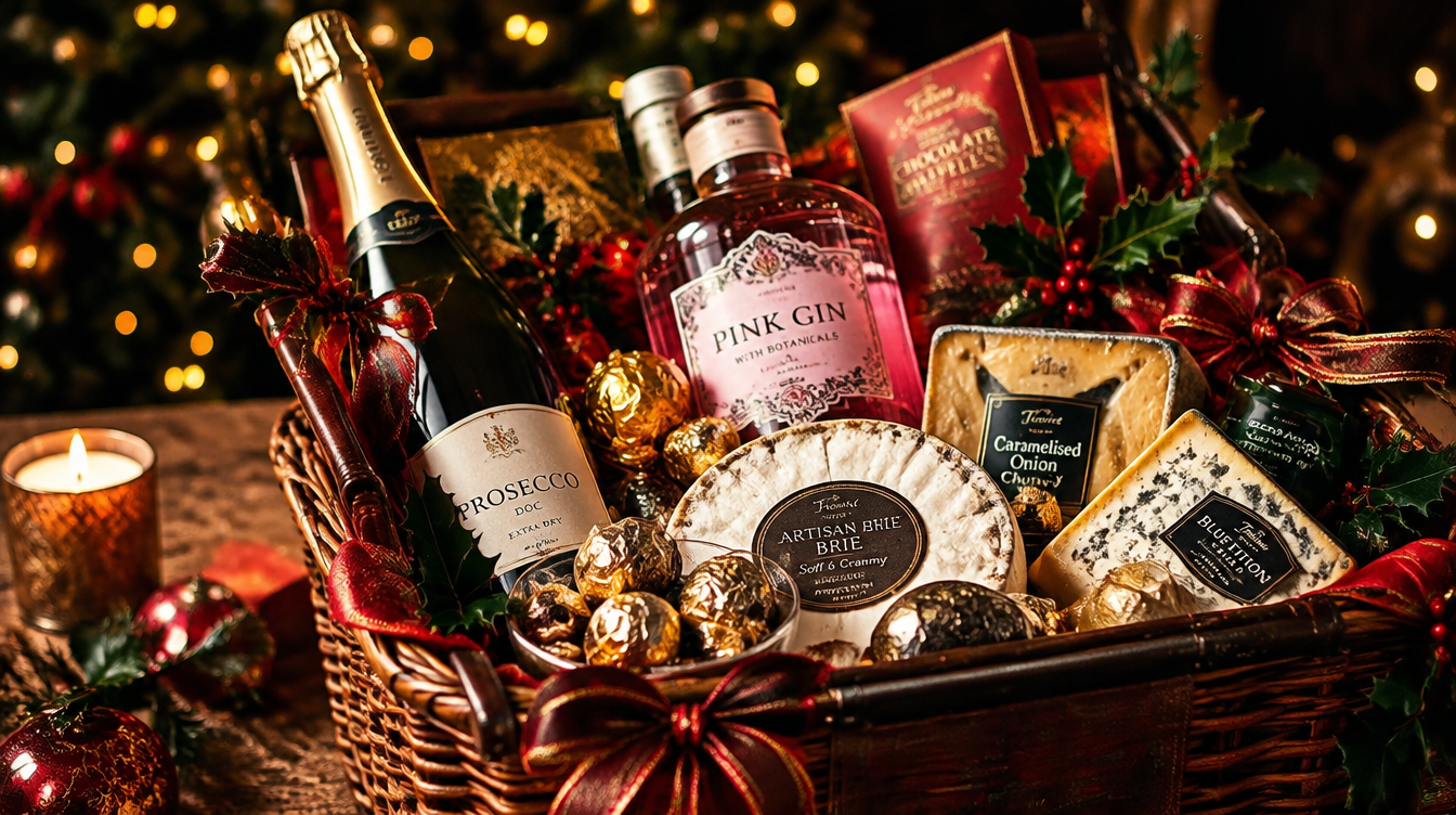 A luxury Christmas gift hamper overflowing with prosecco, artisan cheeses, dark chocolates, and pink gin, beautifully styled with fairy lights and festive ribbons