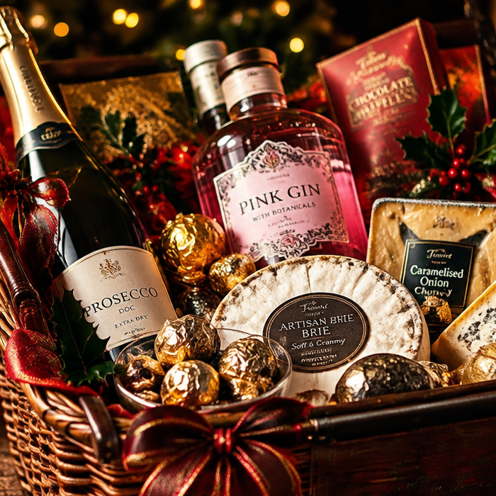 A luxury Christmas gift hamper overflowing with prosecco, artisan cheeses, dark chocolates, and pink gin, beautifully styled with fairy lights and festive ribbons