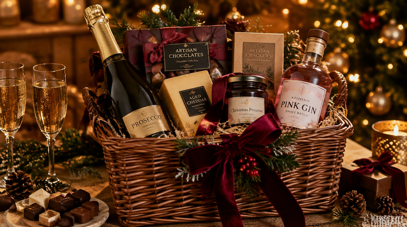 A luxury Christmas gift hamper overflowing with prosecco, chocolates, cheese and pink gin, surrounded by festive pine branches and golden fairy lights