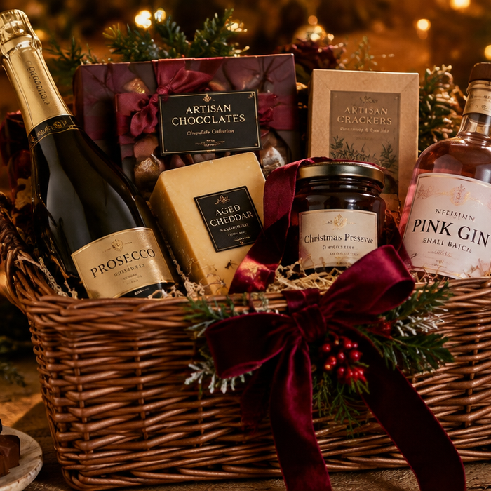 A luxury Christmas gift hamper overflowing with prosecco, chocolates, cheese and pink gin, surrounded by festive pine branches and golden fairy lights