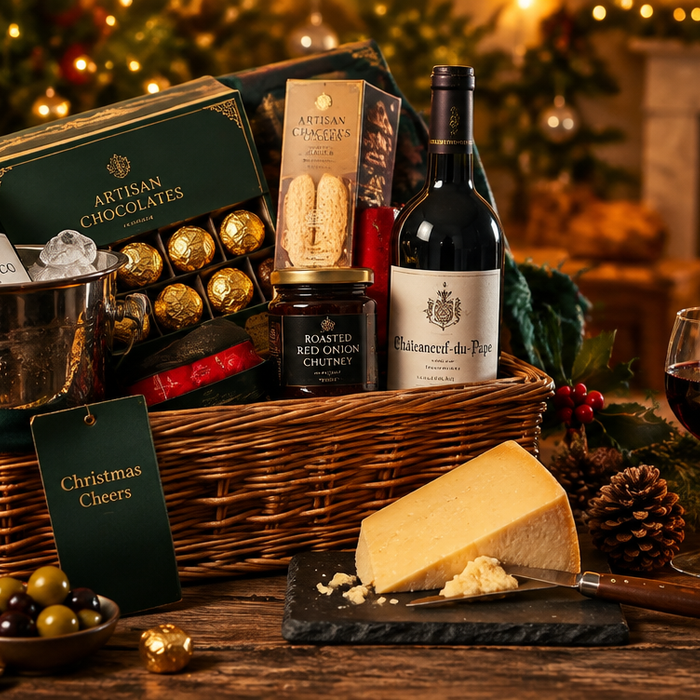 A luxury Christmas gift hamper overflowing with prosecco, artisan chocolates, wine and cheese on a rustic table with festive golden fairy lights