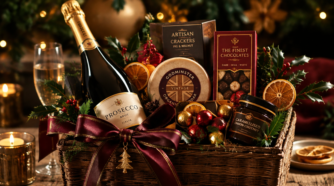 A beautifully curated luxury Christmas gift hamper with prosecco, artisan chocolates, cheese and festive decorations in warm candlelight