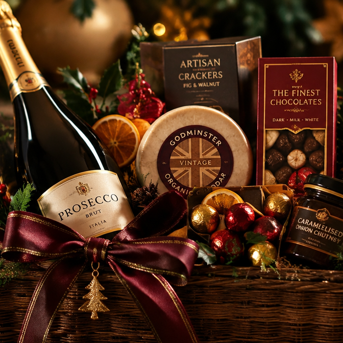 A beautifully curated luxury Christmas gift hamper with prosecco, artisan chocolates, cheese and festive decorations in warm candlelight