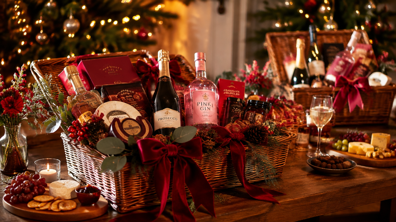 Luxury Christmas gift hampers overflowing with prosecco, pink gin, chocolates and festive treats on a rustic table with golden fairy lights