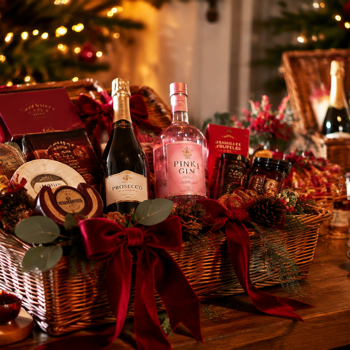 Luxury Christmas gift hampers overflowing with prosecco, pink gin, chocolates and festive treats on a rustic table with golden fairy lights