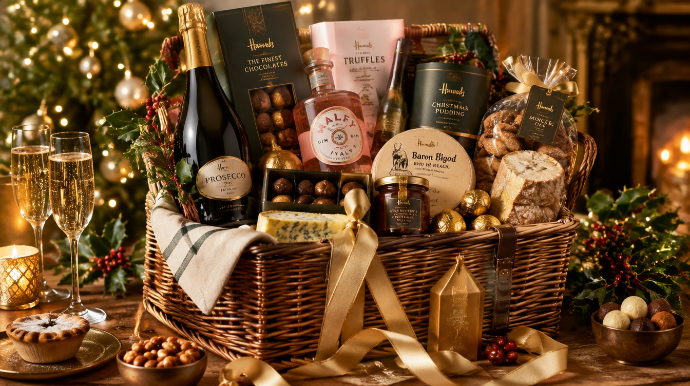 Luxury Christmas gift hamper overflowing with prosecco, pink gin, artisan cheese, chocolates, and festive treats — styled with warm fairy lights and gold ribbon