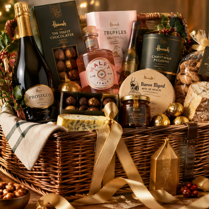 Luxury Christmas gift hamper overflowing with prosecco, pink gin, artisan cheese, chocolates, and festive treats — styled with warm fairy lights and gold ribbon