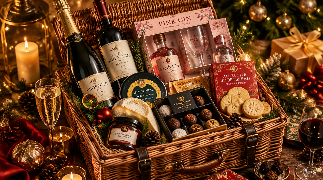A luxurious Christmas gift hamper overflowing with prosecco, wine, artisan cheese, chocolates and festive treats, surrounded by gold baubles and fairy lights on a rustic wooden table