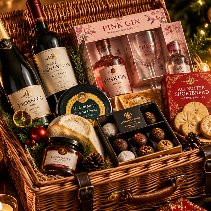 A luxurious Christmas gift hamper overflowing with prosecco, wine, artisan cheese, chocolates and festive treats, surrounded by gold baubles and fairy lights on a rustic wooden table