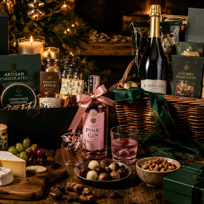 Luxury Christmas gift hampers featuring prosecco, wine, cheese, pink gin and chocolate treats arranged with festive golden lighting and pine branches