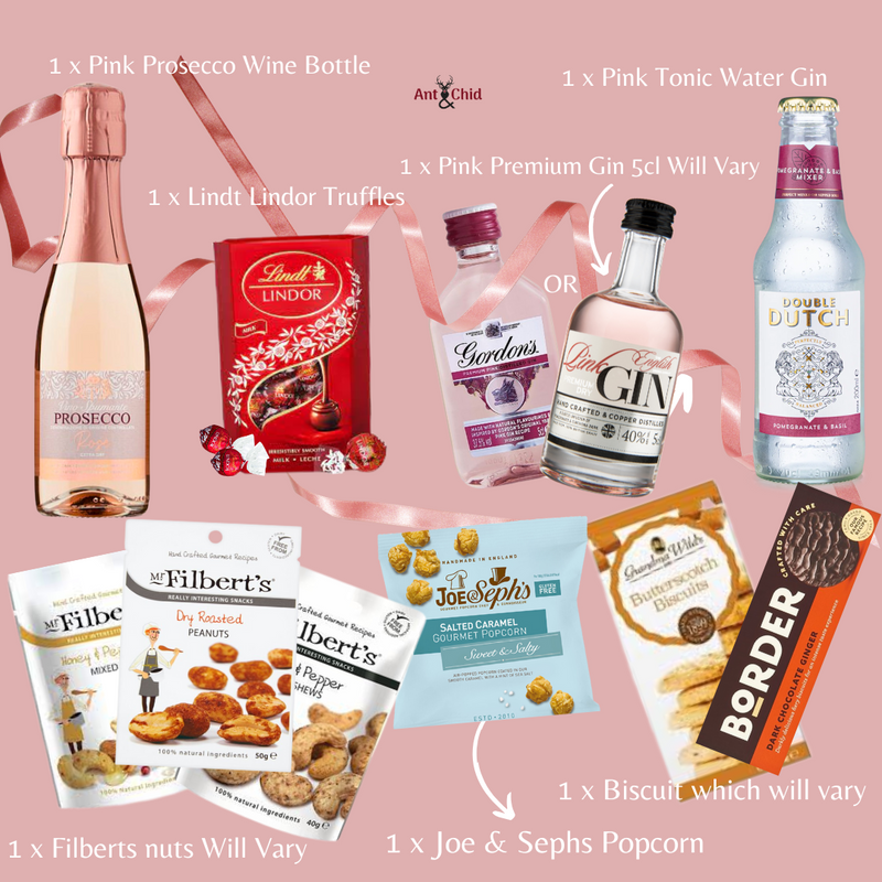Pink gin and rosé Prosecco gift hamper contents