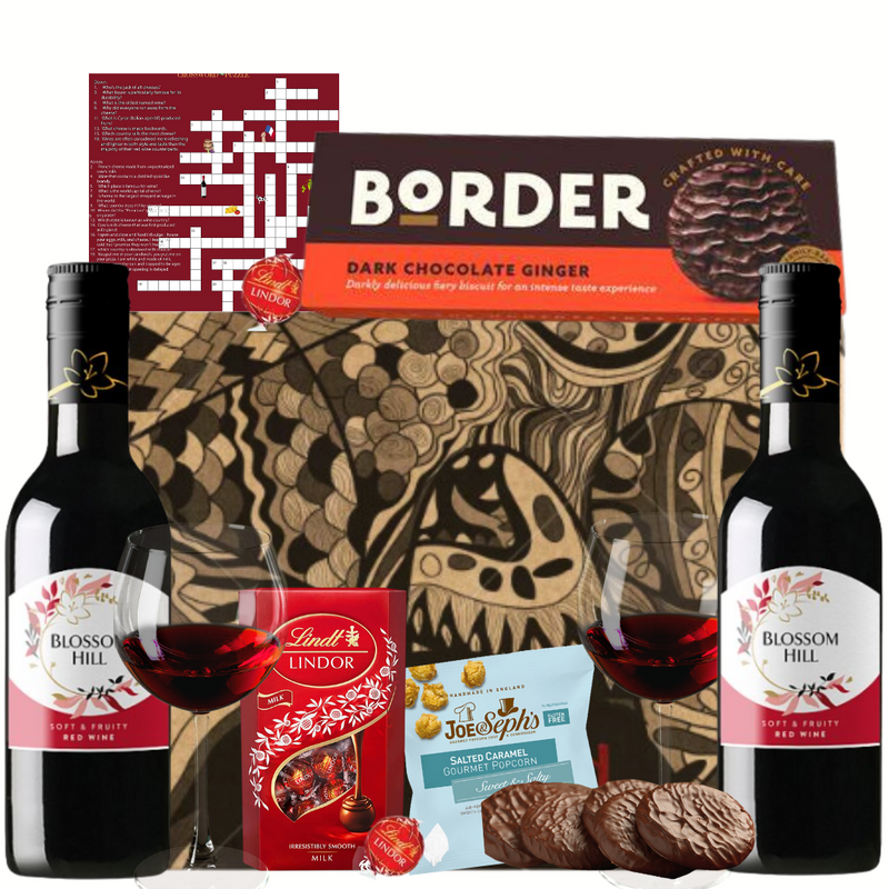 Red Wine Gift Hamper with Chocolates & Crossword Puzzle
