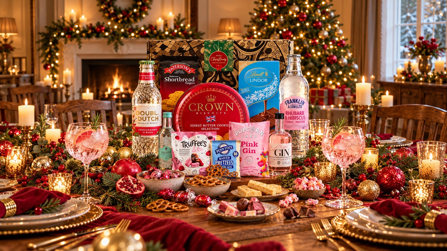 Christmas hampers and festive treats arranged on a candlelit table
