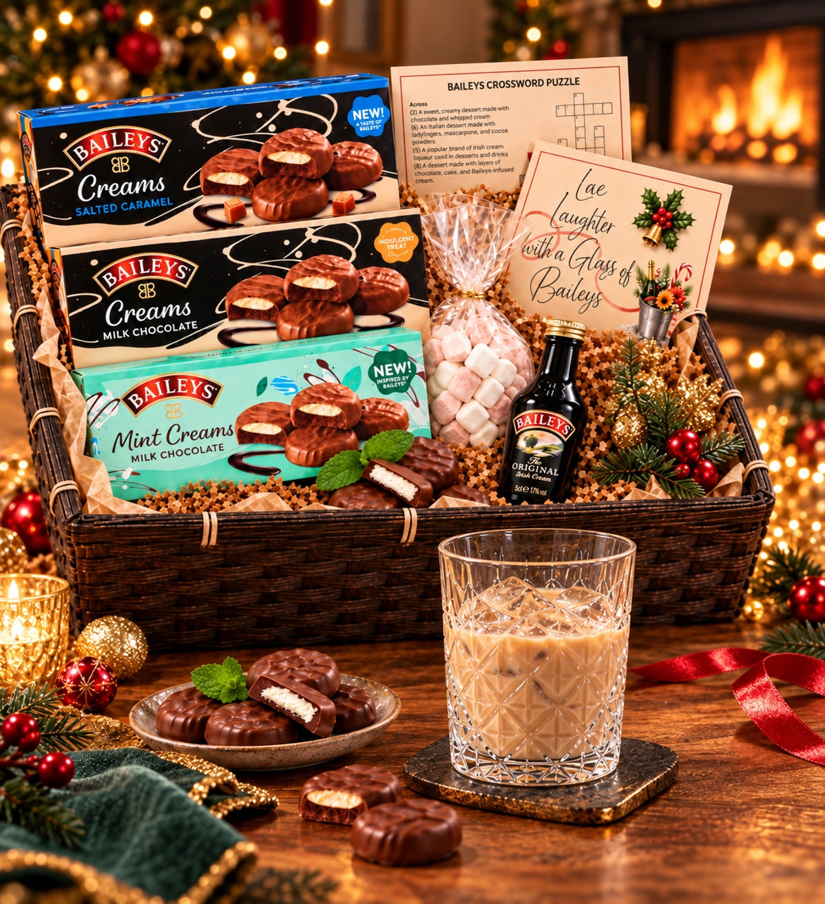 Baileys chocolate hamper styled with Christmas decorations and a glass