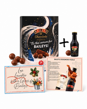 Baileys advent calendar gift set with miniature, greeting card and crossword on white background
