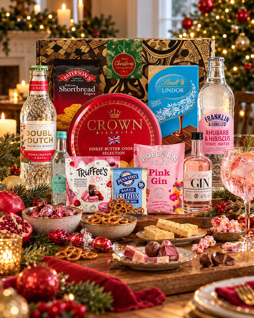 Festive hamper with pink gin, mixers, biscuits, chocolates and savoury treats