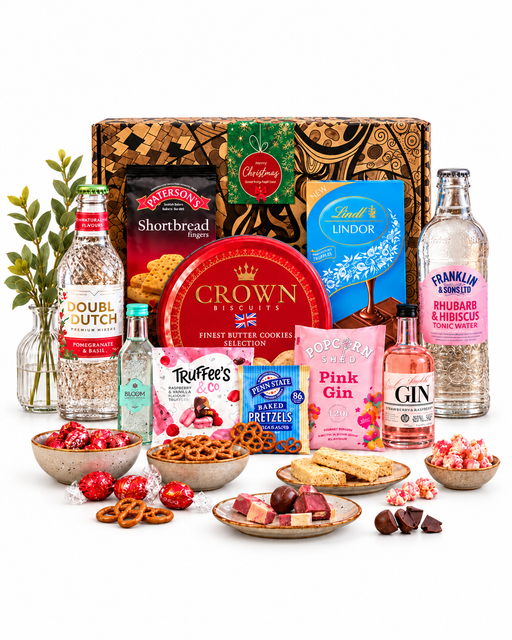 The Christmas Celebration Pink Gin & Treats Hamper on white background