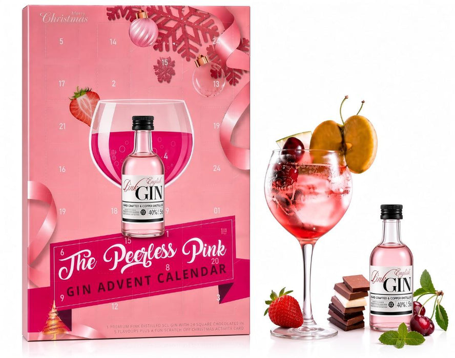 The Peerless Pink Gin and Chocolate Christmas Advent Calendar -  5cl Pink Gin Premium Distilled Miniature| 24 Mini Chocolates | x 1 Pink Christmas Activity Scratch card