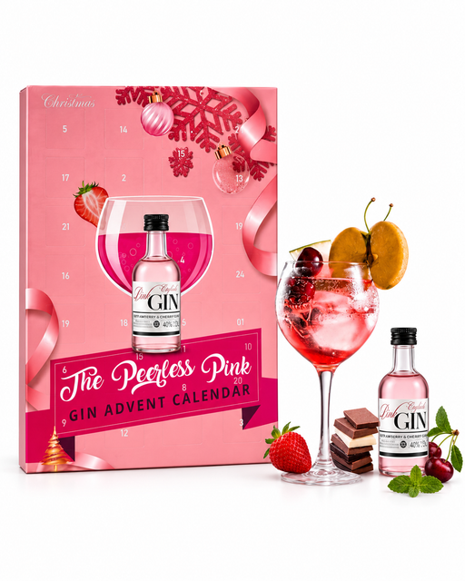 Pink Gin & Chocolate Christmas Advent Calendar — 24 Chocolates & Pink Gin Miniature on white background