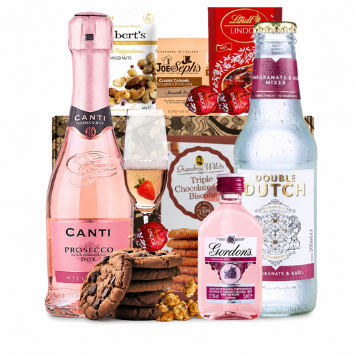 Pink Gin and Rosé Prosecco Gift Hamper with tonic, chocolates and treats